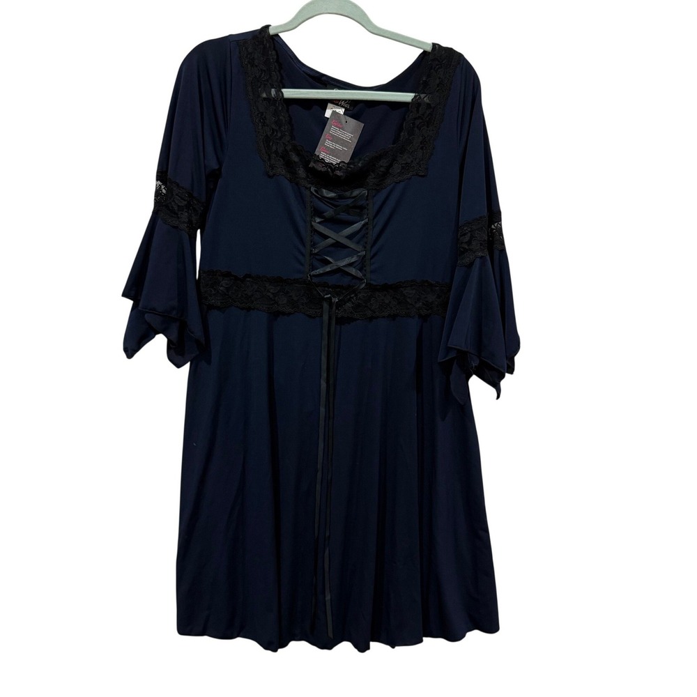 Dare to Wear Blue Lace Up Gothic Victorian Bell Sleeve Mini Dress 1X NEW - Picture 2 of 8